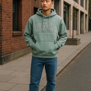 🤑 5/$25 SHEIN Los Angeles California Green Kangaroo Pocket Hoodie Sweatshirt